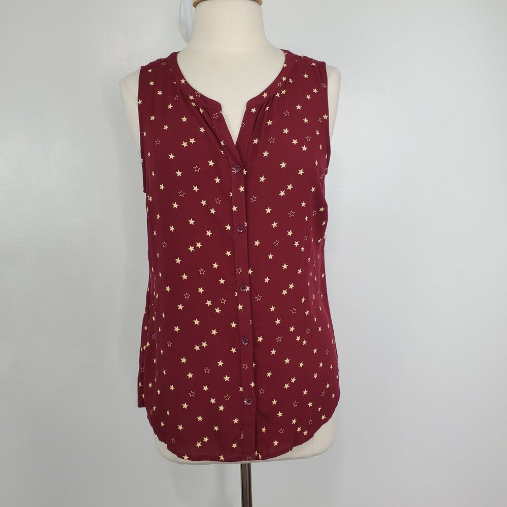 Eddie Bauer Maroon With Yellow Star Sleeveless Button Up Halcyon Top NEW Size M